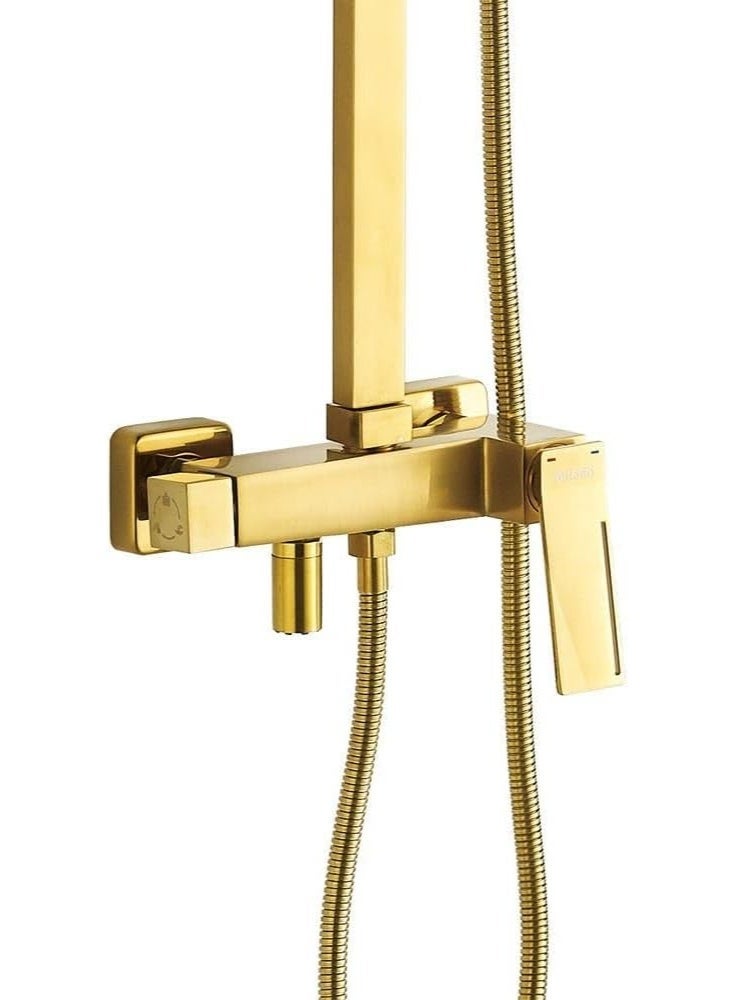 المفتاحة طقم كامل لعمود دش مطري فاخر - نظام دش مطري مثبت على الحائط بطلاء ذهبي مطفي | خلاط دش متوازن الضغط مصنوع من النحاس الصلب مع دش يدوي قابل للتعديل للحمامات العصرية - Image 3